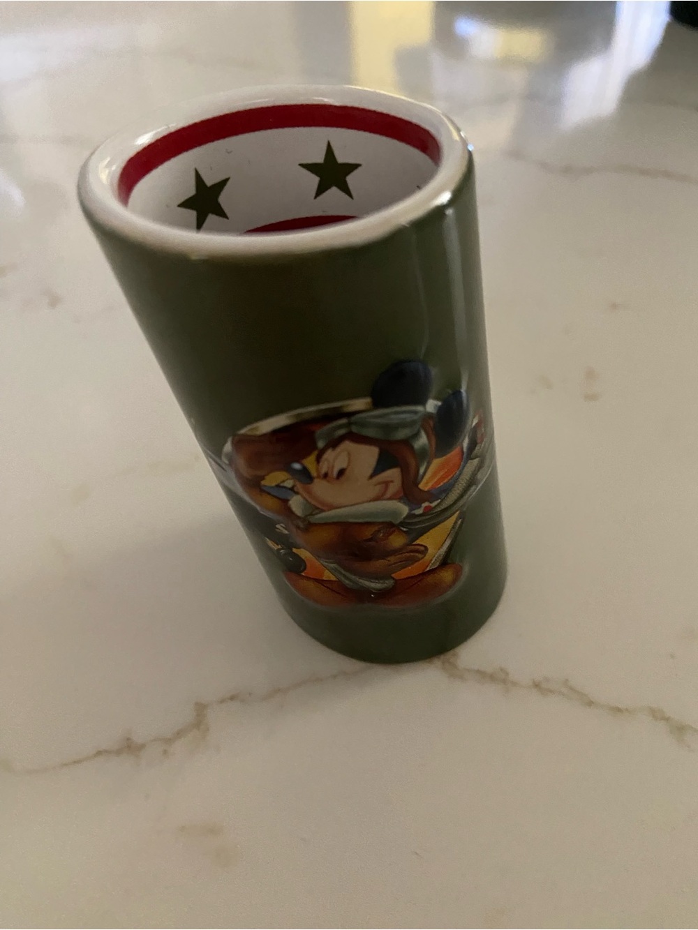DISNEY Green Tilted MICKEY MOUSE Soaring Over California Shot Glass